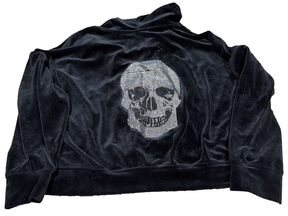 Truth by Republic Black Velour Rhinestone Skull Cropped Hoodie XL